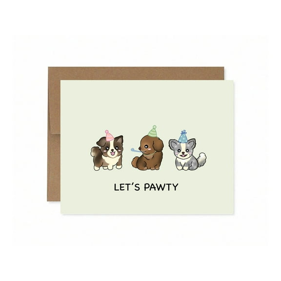 Cute Dog Birthday Card – "Let's Pawty" Design with Adorable Cartoon Puppies – Envelope Included, Blank Inside – Perfect for Pet Lovers' Celebrations