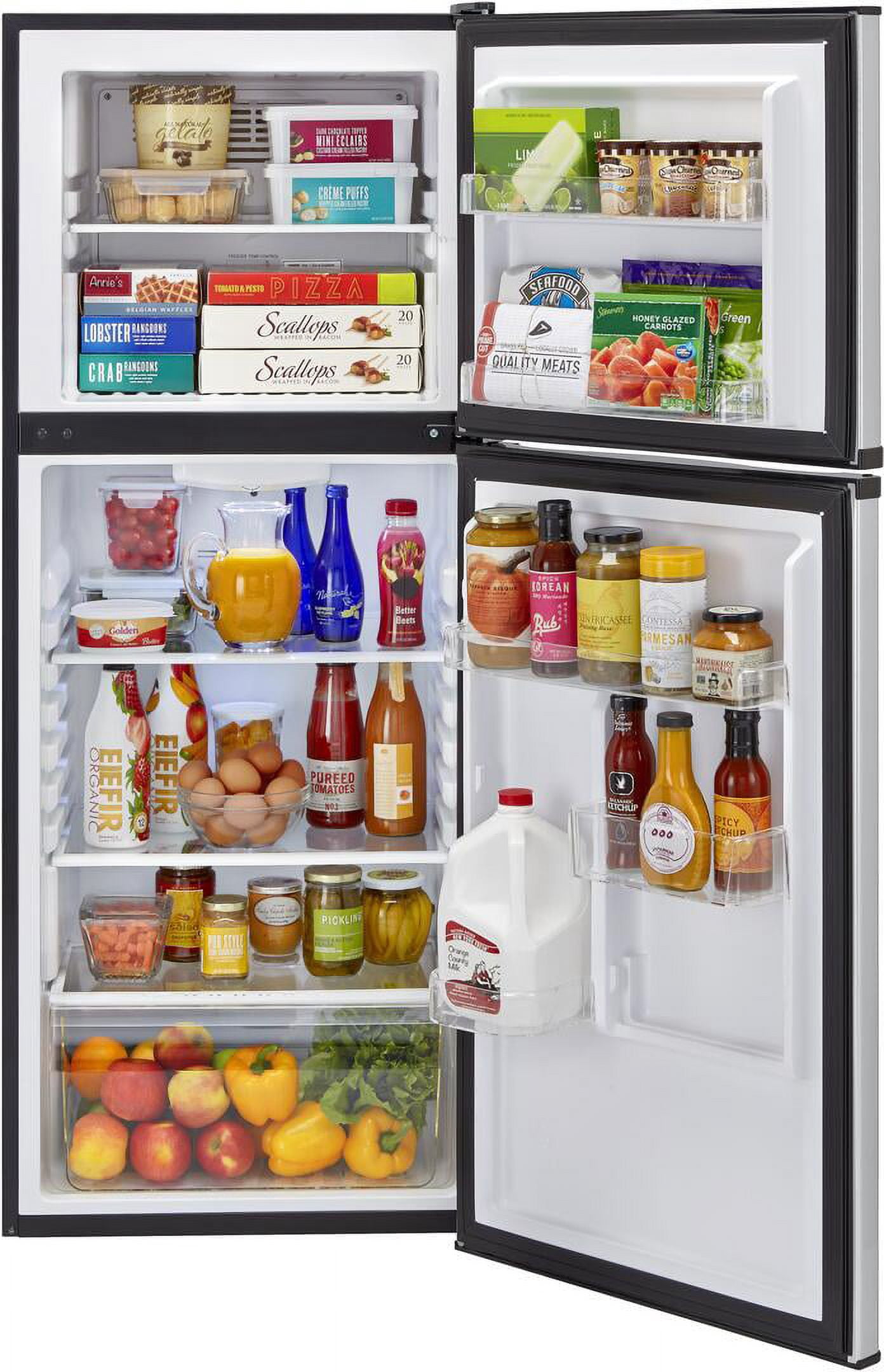 Haier 98 cu ft Top Freezer Refrigerator with Adjustable Glass Shelves, Stainless Steel, 24 in