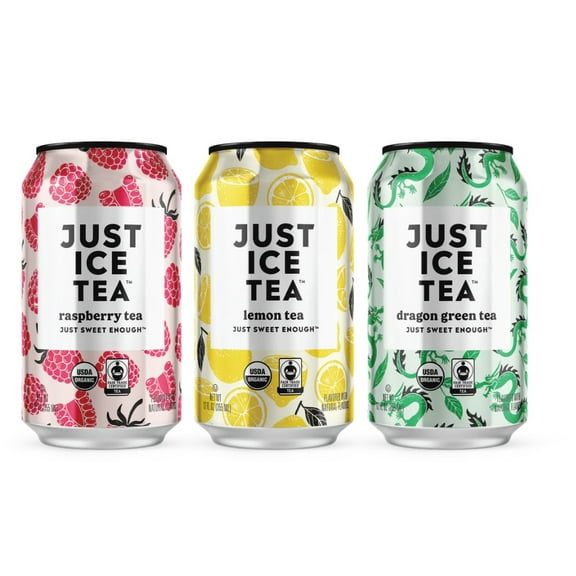 Just Ice Tea Just Sweet Enough Organic Ice Tea, 12Oz Can Variety of Flavor (Raspberry Tea, Lemon Black Tea, Dragon Green Tea) Pack of 6