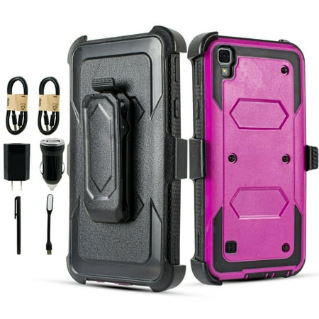 Value Pack for 5" LG X Style Belt Clip Kickstand Dual Layer Protective Attached Full Screen Protector Raised Bevel Design Hard Back Shockproof Armor Impact Bumper Combo Holster Phone Case + [Purple]