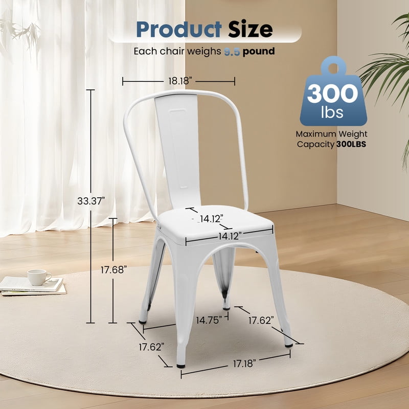 Gianna Metal Dining Chairs Set of 4, 18 Inch Stackable Bar Chairs, Modern Restaurant Classic Trattoria Metal Chairs, 300LBS Weight Capacity, White