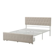 Queen Platform Bed Frame with Storage, Beige Linen Upholstered Metal Platform Bed with Headboard and Drawer, Modern Bedroom Furniture Queen Size Bed Frame, Holds 500 lbs, No Box Spring Needed, J3722