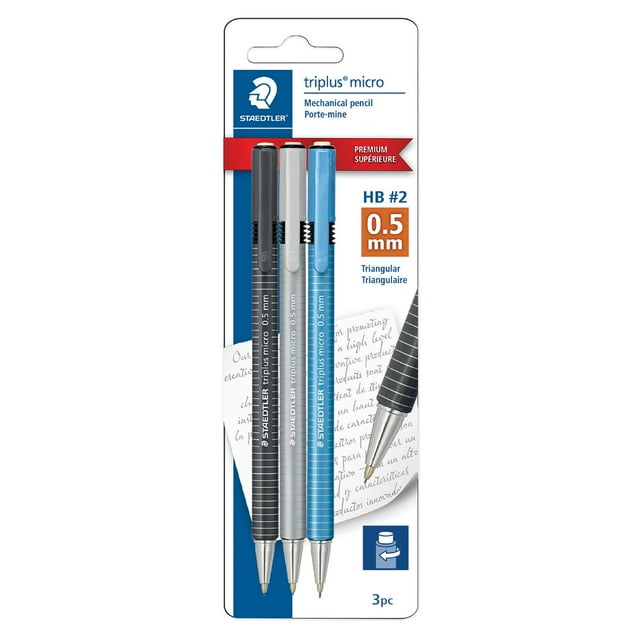Staedtler Triplus Micro Mechanical Pencils (#2) 0.5mm lead 3-pack with ergonomic triangular grip barrels in black, silver, and blue, metal tips, clips, and twist-up erasers on white and blue retail packaging, suitable for precise writing, sketching, and note-taking.