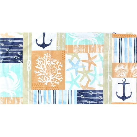 Summer Fun Ocean Coastal Vinyl Flannel Back Tablecloth: Patchwork Sea Crabs Starfish Coral Along with Nautical Accents, Aqua Coral Beige Navy White, 52" x 52" Square