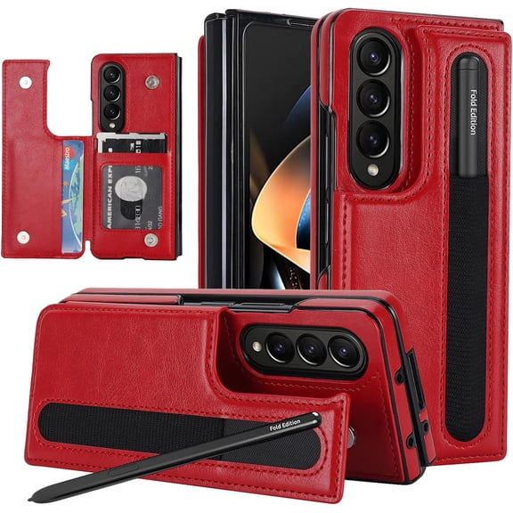 Compatible with Samsung Galaxy Z Fold 3 5G Case with S Pen Holder,Anti-Fall Shockproof Anti-Scratches Card Slot Plain with Card Holder Leather Wallet Case for Samsung Galaxy Z Fold 3 Red