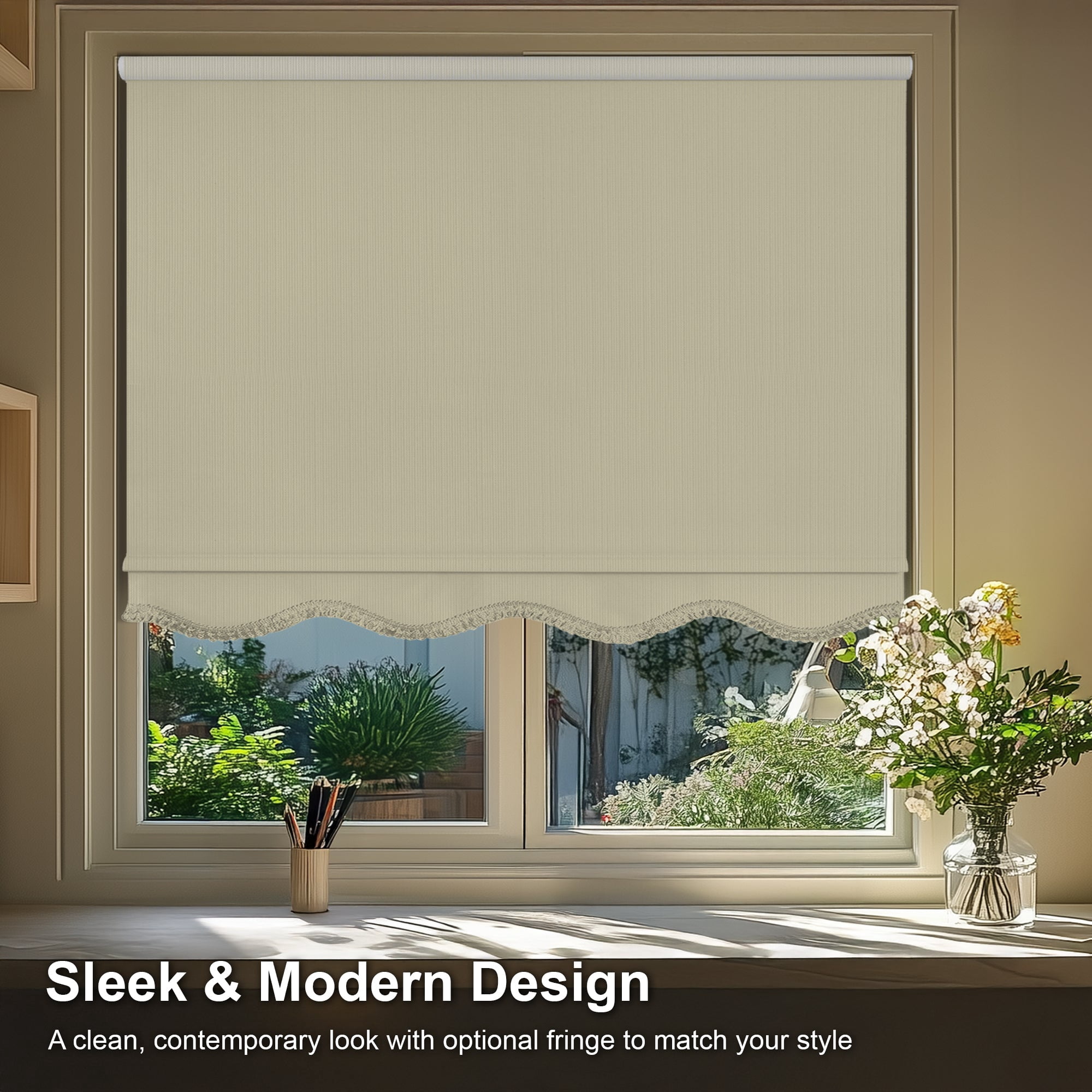 Chicology Textured Blackout Roller Shades with Fringe | Cordless Light Filtering Window Blinds |42.25"W X 64"H | Decorative Privacy Shades for Home & Office | Easy Install | Cream