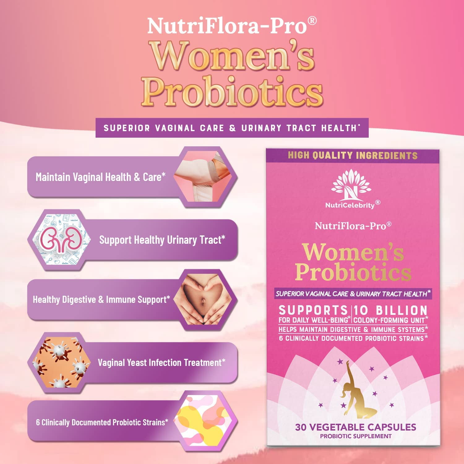 NutriCelebrity NutriFlora-Pro Probiotics for Women - Support Vaginal, Urinary Health (UTI), Digestive System, Period Pain, Yeast, and BV Relief, Cranberry Pills, 10 Billion CFU 6 Strains 30 Cap 2 Pack