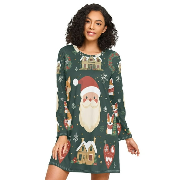 FORMRS Womens Long Sleeve Nightgowns Crew Neck Sleep Shirt Soft Pajamas Sizes S-3XL, Green Christmas