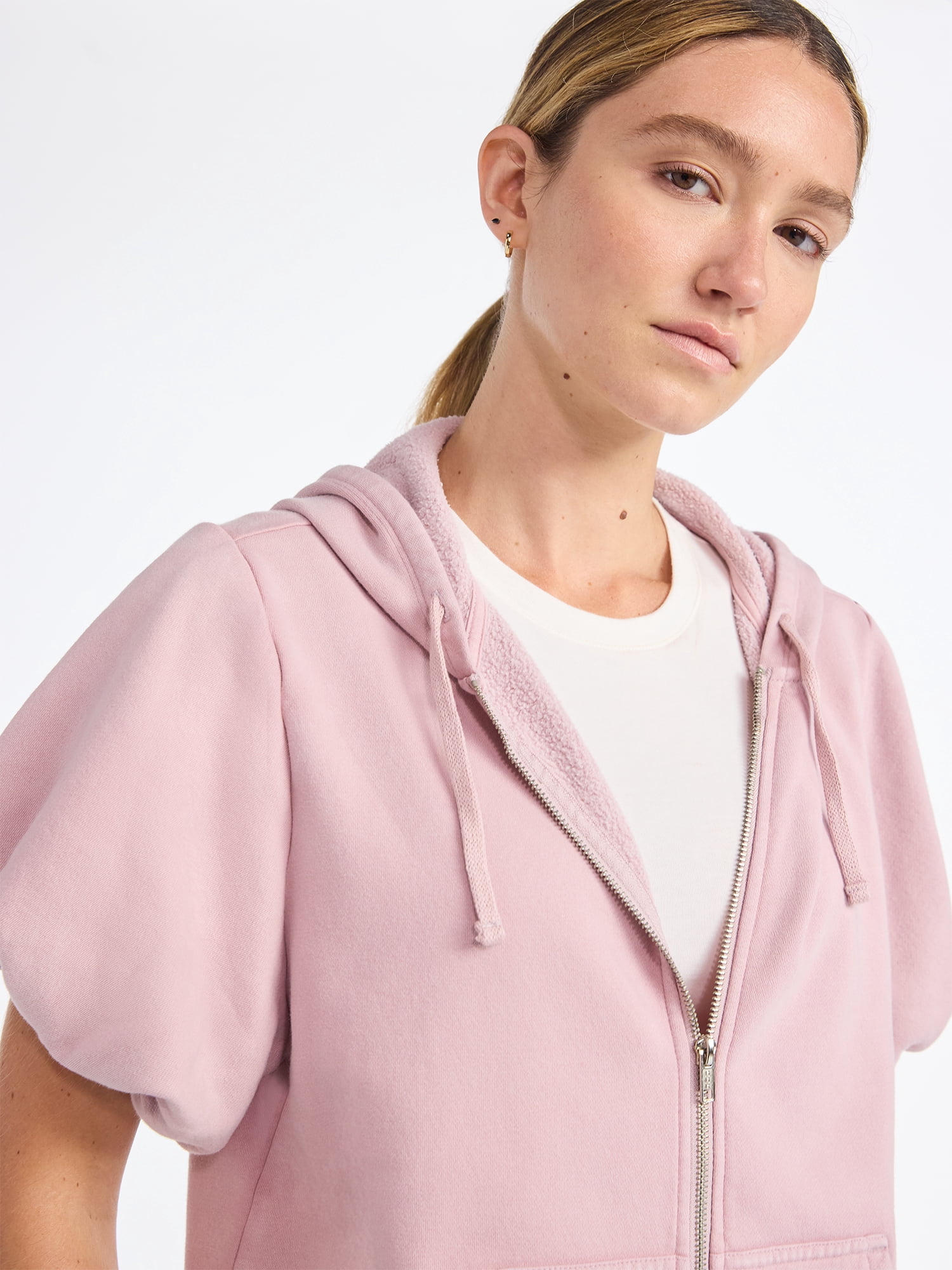 Scoop Women’s Mineral Washed Zip Hoodie with Short Puff Sleeves, Sizes XS-XXL