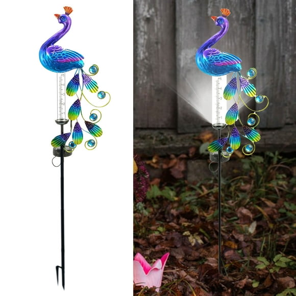 SuoKom 35.1 Inch Rain Gauge, Solar Lighted Garden Stake Decorations with 16 Led Warm Lights, Metal Yard Art Outdoor Meadow Patio Decor