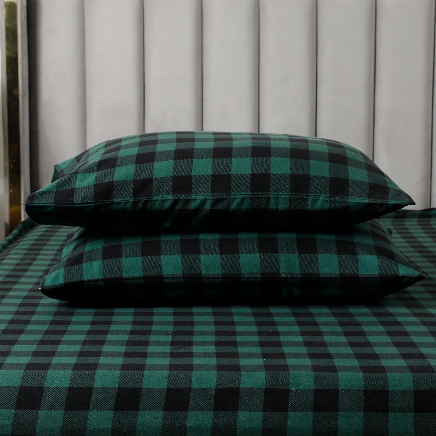 Elegant Comfort Soft 4-Piece Cotton Flannel Sheet Set -Deep Pocket Fitted Sheet, Flannel Sheets - King, Buffalo Check Green