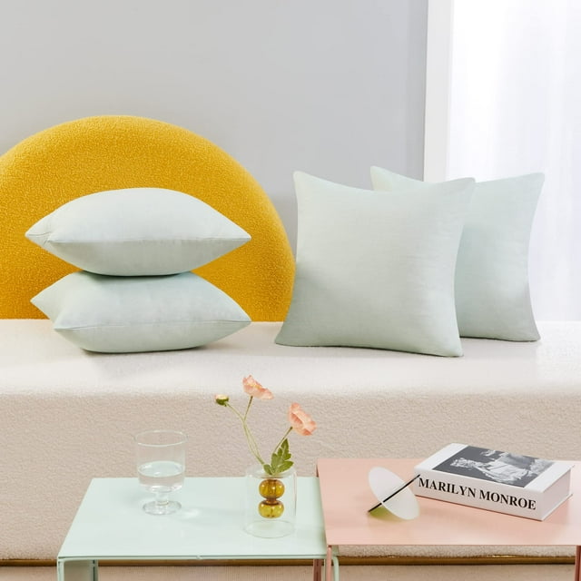 Deconovo Fundas de cojines decorativas - Juego of 4 Soft Linen Cushion Covers, Machine Washable Pillowcases for Sofa, Pastel Green, 16x16 Inch