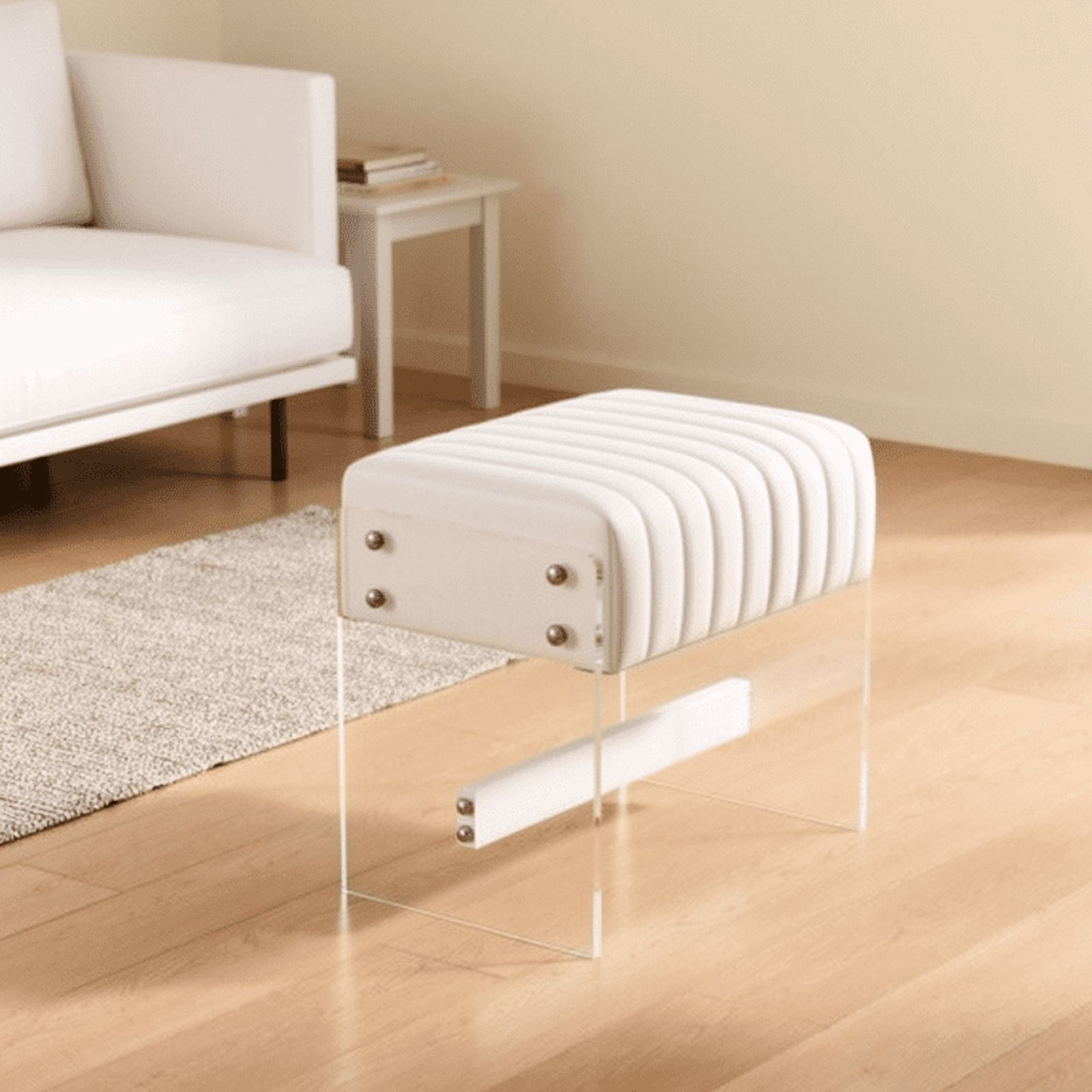 Modern Minimalist Dressing Stool, Decorated With White Pu Leather Surface, High-Density Sponge And Transparent Acrylic Legs, Suitable For Bedrooms, Entrances, And Living Rooms