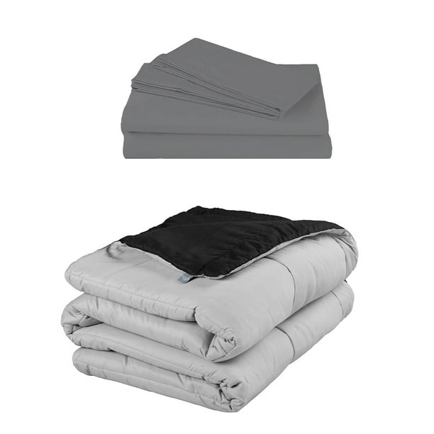 Edredón Dos vistas Individual Rogga Negro - Gris Perla + Sábanas Basic
