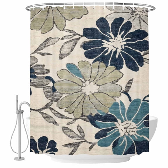 Sage Green Blue Floral Shower Curtain Set - Small 36" x 72" Washable Bathtub Curtain with 12 Hooks, Vintage Beige Botanical Waterproof Fabric Stall Shower Curtains for Bathroom/Bathtub Décor