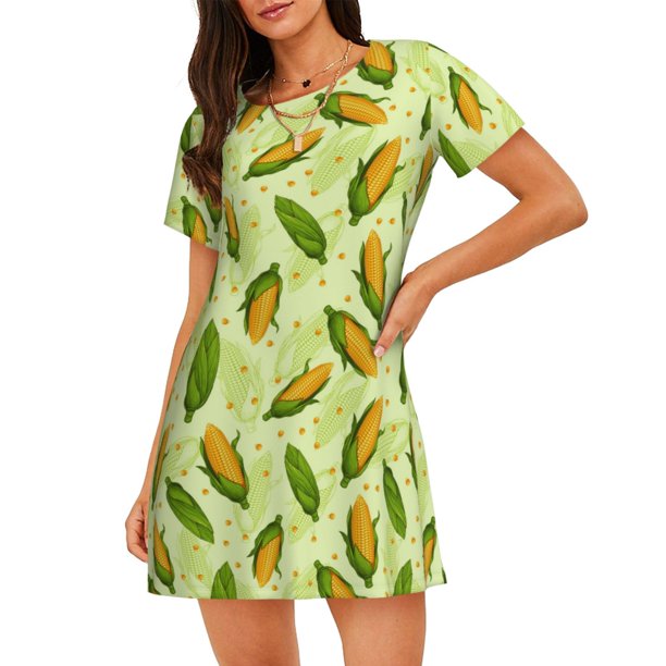 Fotbe Fresh Corn Bata de Dormir para Mujer con Estampado, Camisón de Algodón de Manga Corta, Ropa de Dormir Casual