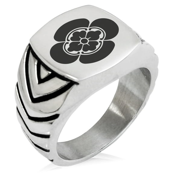 Stainless Steel Ikeda Samurai Crest Chevron Pattern Biker Style Polished Ring