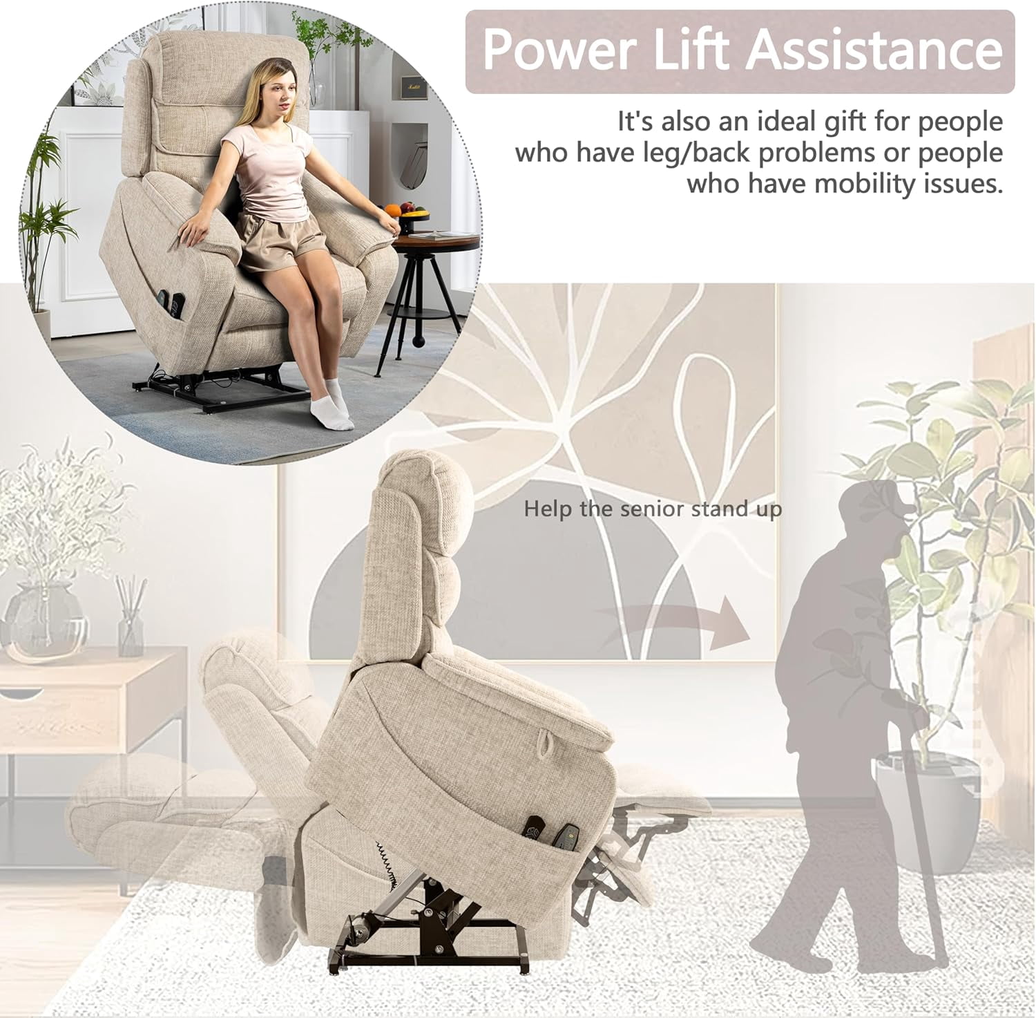 Elderly Power Lift and Heat Recliner with Lumbar Pillow and Cup Holders