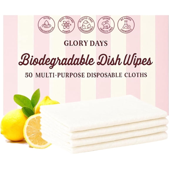 Biodegradable Dish Wipes - 50 Count Pre-Soaped Plant-Based Cloths for Travel Camping & Everyday Use Eco-Friendly & Vegan