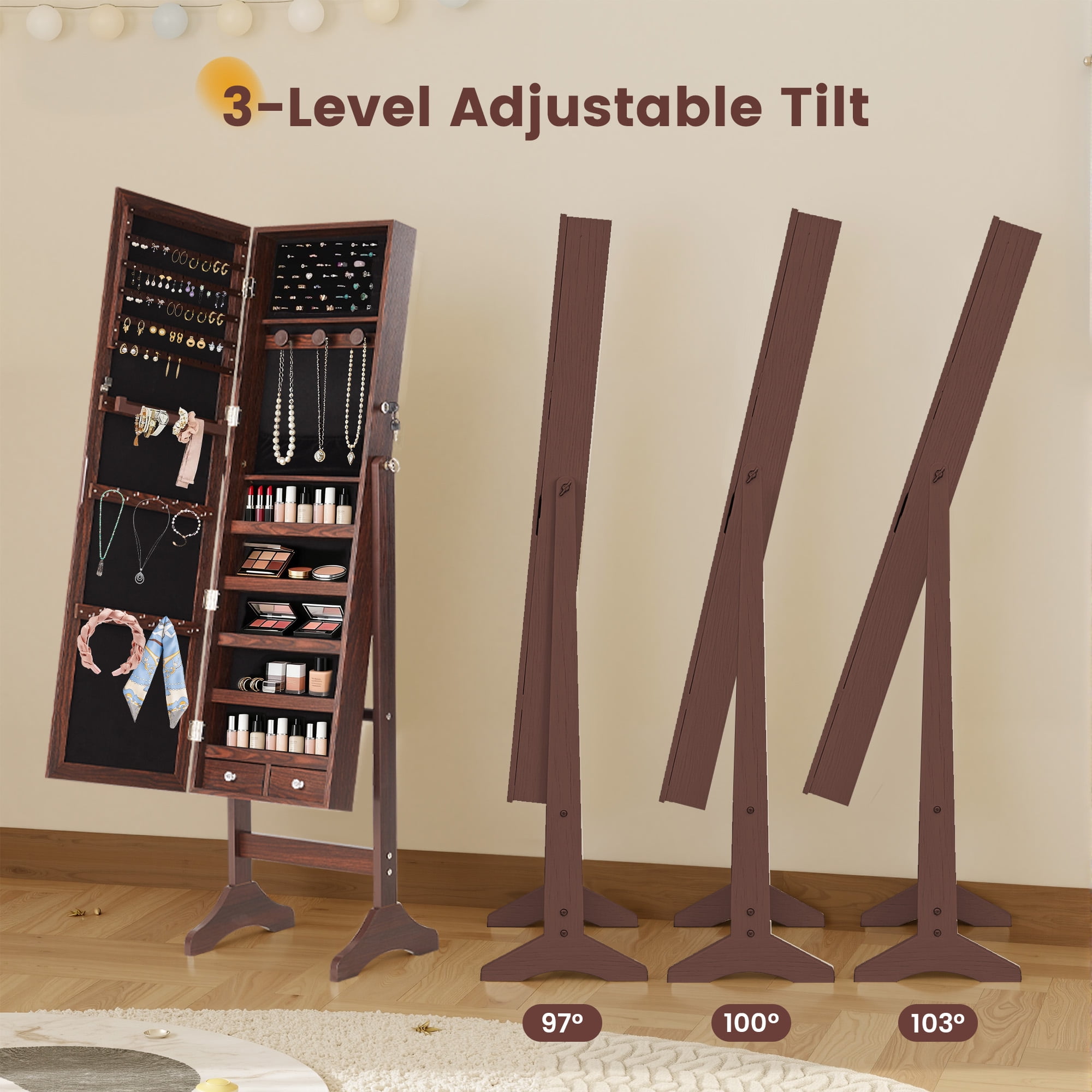 EDX Freestanding Full-Length Mirror Jewelry Cabinet, 3 Angle Adjustable Large Jewelry Armoire Organizer with Makeup Storage, Brown