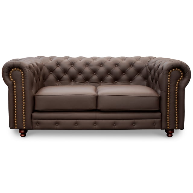 Love Seat de de Piel Genuina Clásico Capitonado, 2 plazas, Modelo Chesterfield P/V, Color Chocolate, Elegante, cómodo y Moderno, Hecho en Mexico. Medidas 185 X 90 X 80 cm.