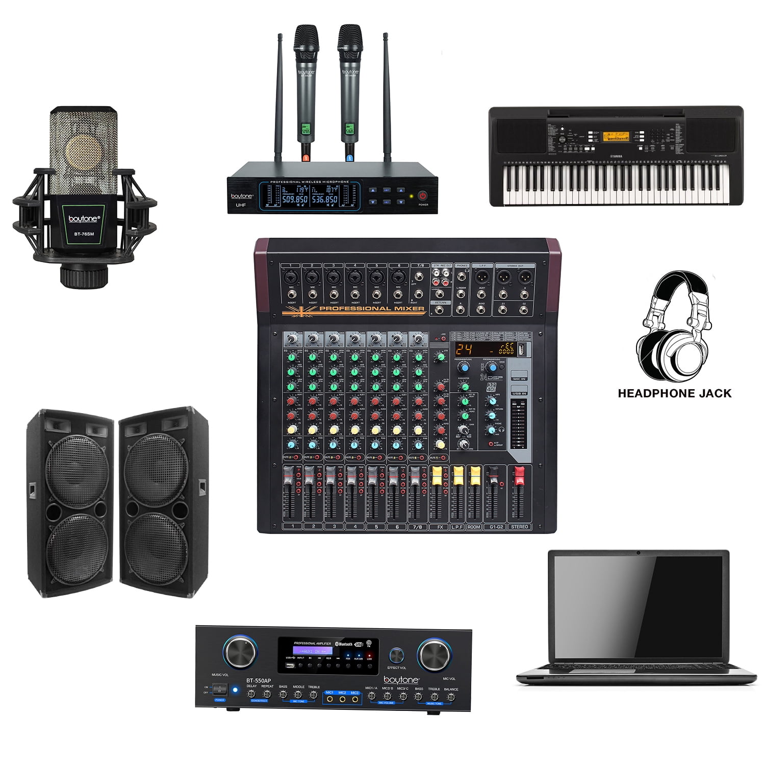 Boytone 8-Channel Bluetooth Studio Audio Mixer - DJ Sound Controller Interface with USB Port, AUX Jack, 4 XLR Microphone Jack, 48V Power, 16 DSP Effect, Input/output for Professional user