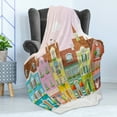 thumbnail image 4 of Vintage Soft Flannel Fleece Blanket, Retro Houses in Various Colors with Small Businesses Bakery Fishmonger Coffee Shop, Cozy Plush for Indoor and Outdoor Use, 50" x 70", Multicolor, by Ambesonne, 4 of 5