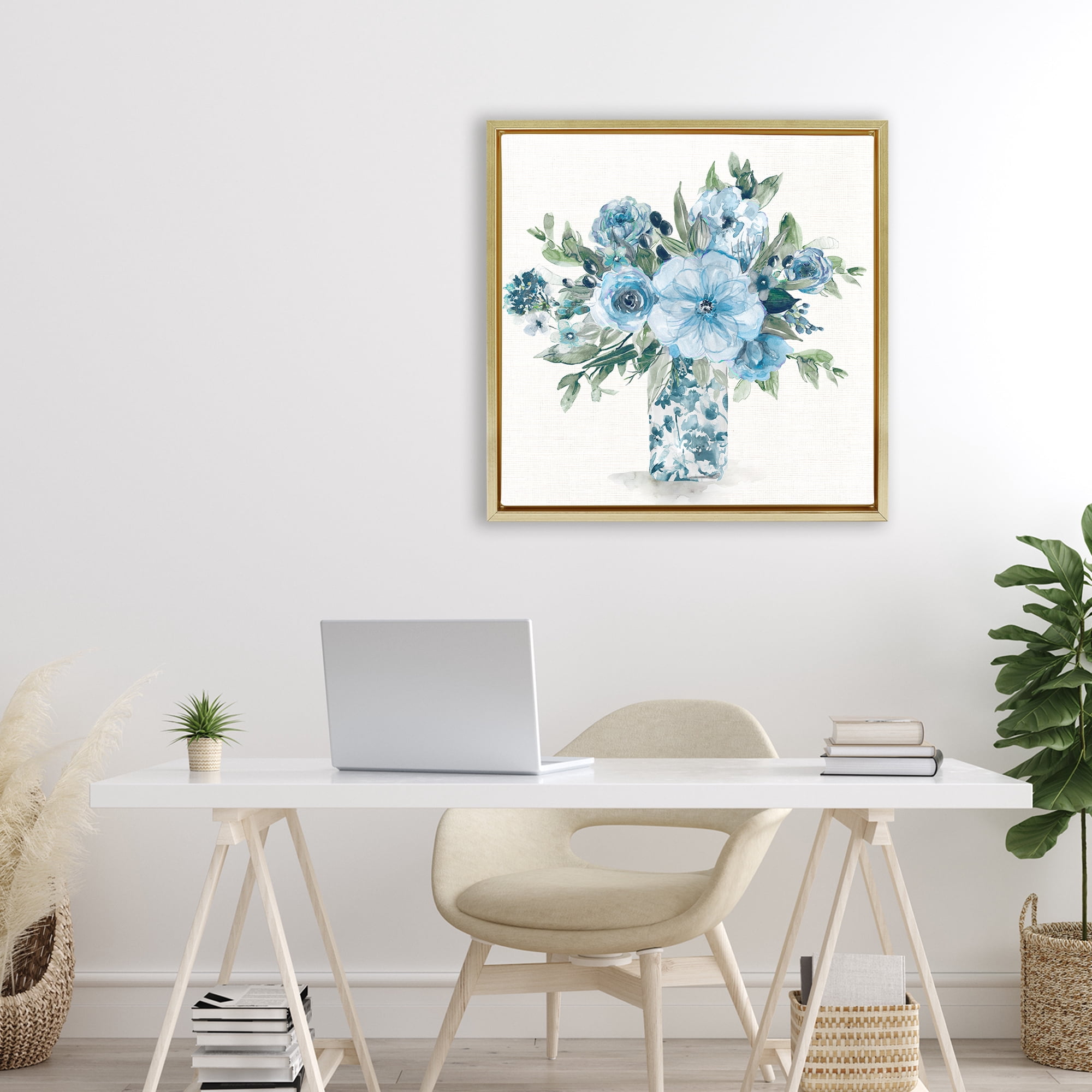 Stupell Industries Pastel Blue Bouquet Foliage Gold Framed Floater Canvas Wall Art, design by Carol Robinson