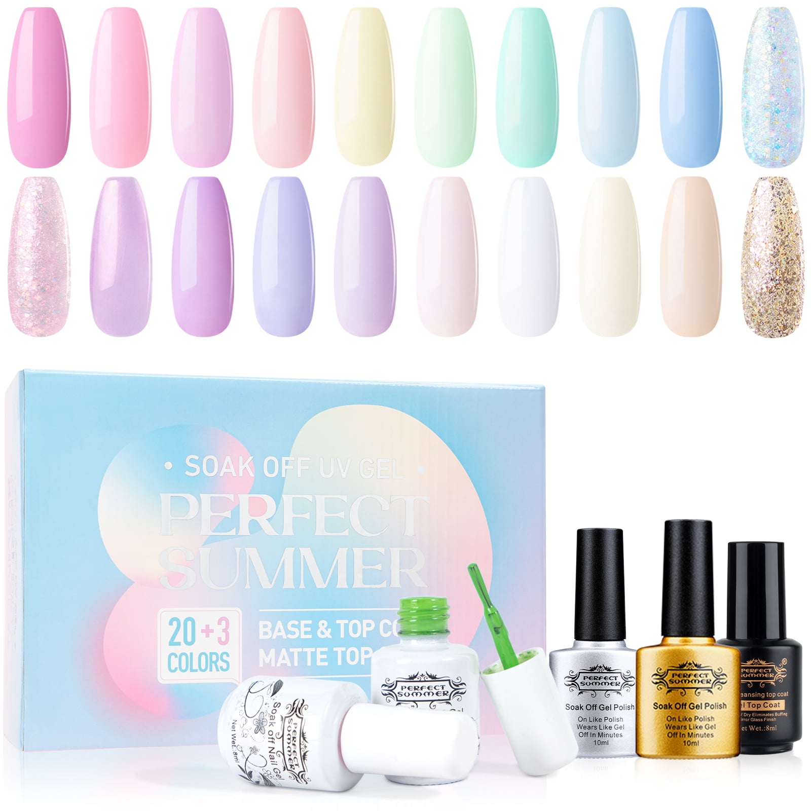 Perfect Summer Gel Nail Polish Kit with Base Top Coat, 20 Macaroon ...