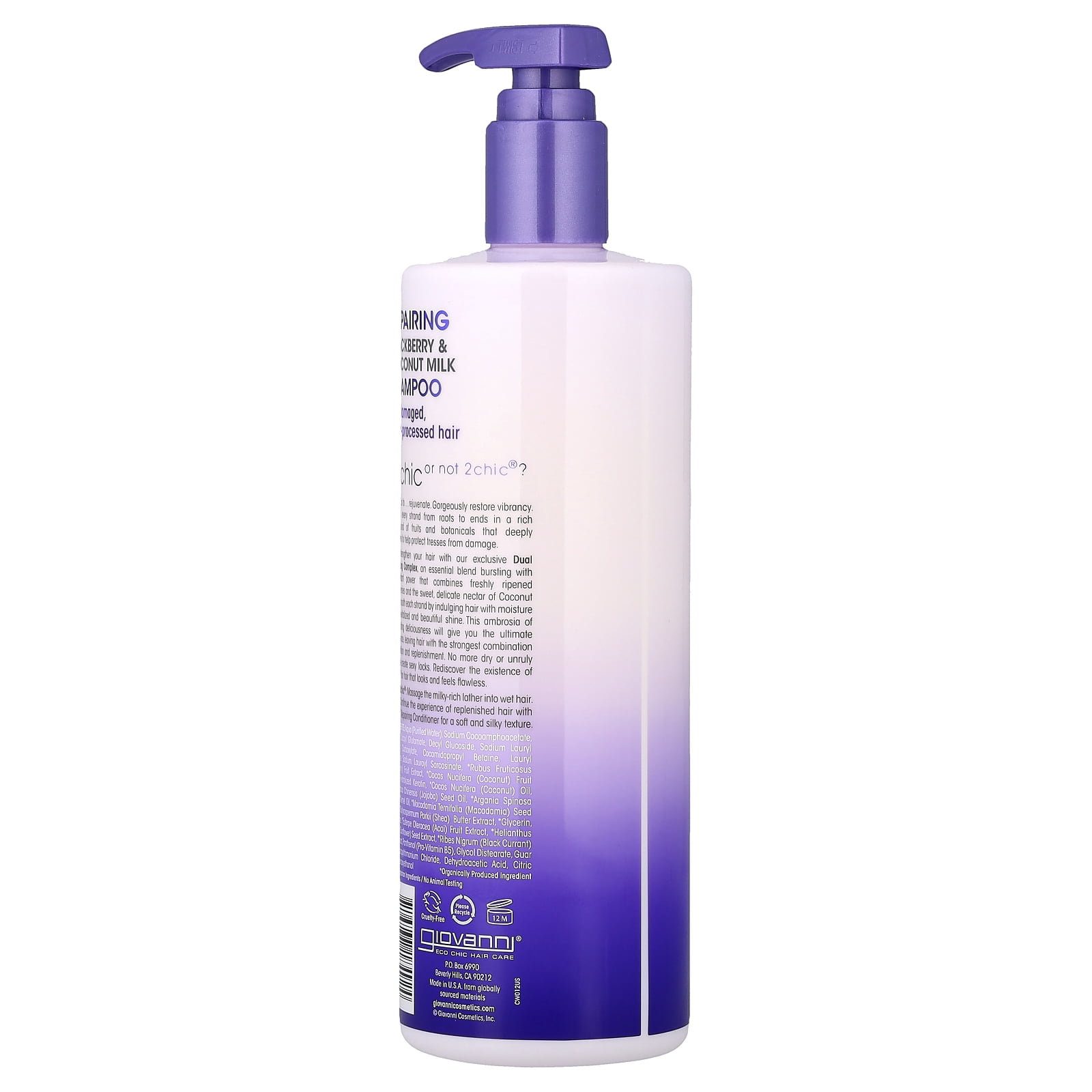 GIOVANNI 2chic Repairing Shampoo, 24 oz. Blackberry &amp; Coconut Milk for Dry Damaged Over Processed Hair, With Argan, Jojoba, Shea Butter,Sulfate Free, Color Safe, No Parabens (Pack of 1)