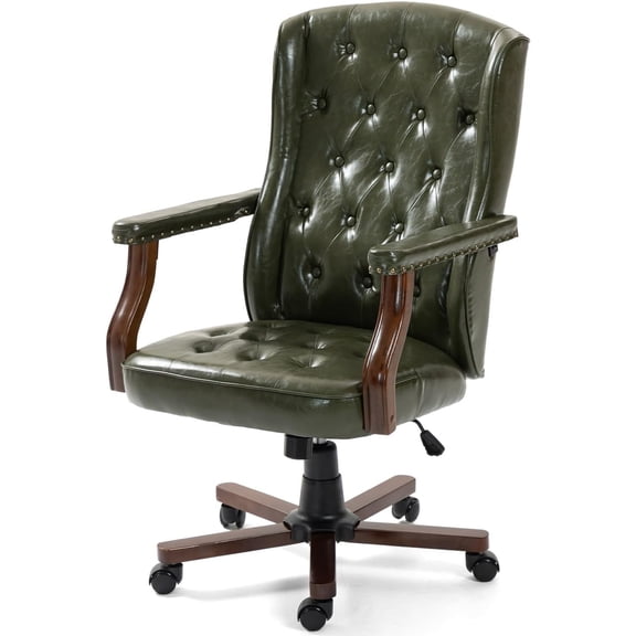 ECOTOUGE Tufted Executive Office Chair, Ergonomic Faux Leather Home Office Desk Chair, Vintage Wingback Swivel Work Chair, Classic Retro Computer Chair, Green