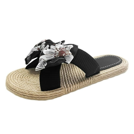 OJSFQUFP Sandals Womens Ladies Shoes Fashion Flat Linen Sole Bow Slippers Outdoor Beach Bohemian Slippers Cozy Slippers for Women Black 42