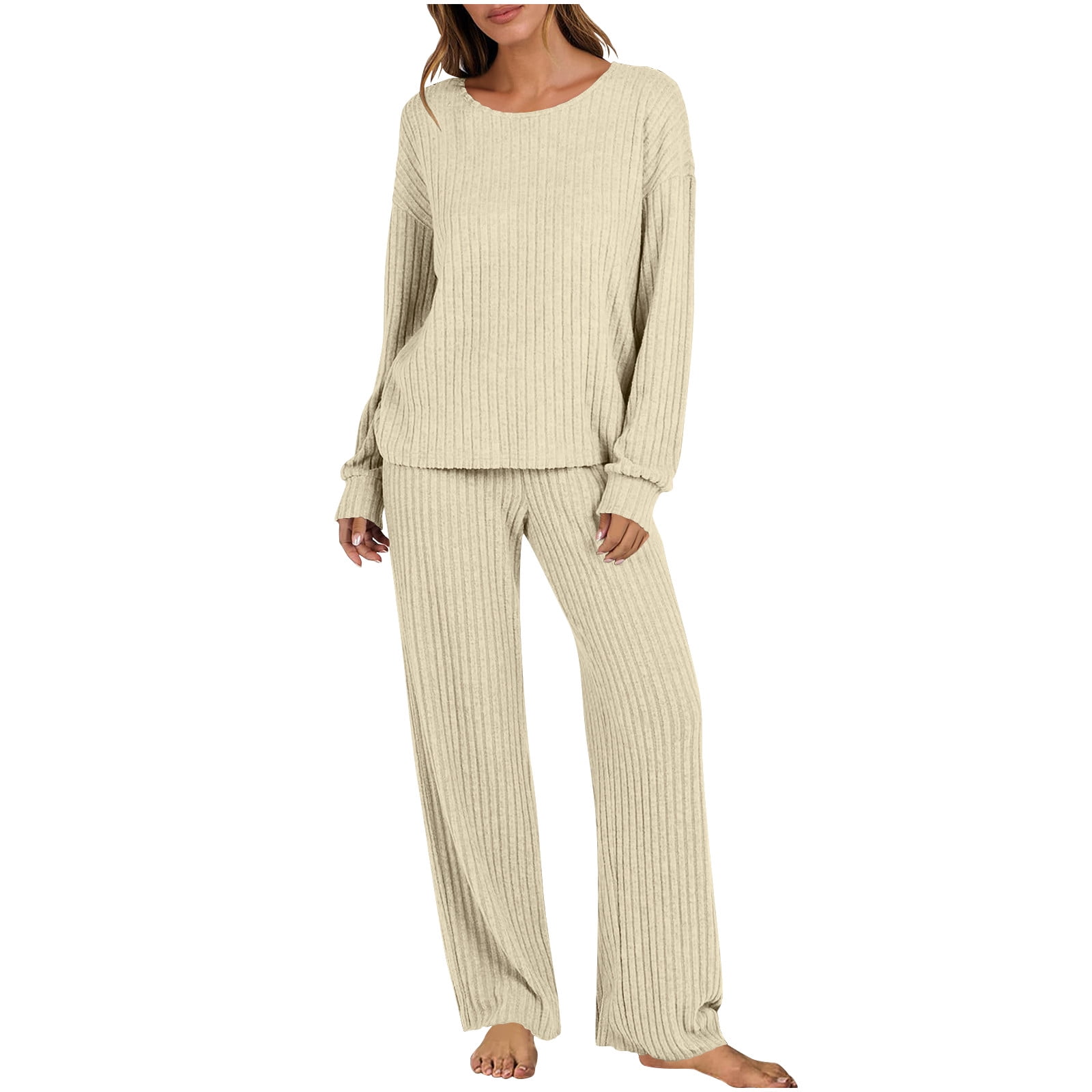Besolor Womens Ribbed Knit Pajamas Piece Crew Neck Long Sleeve