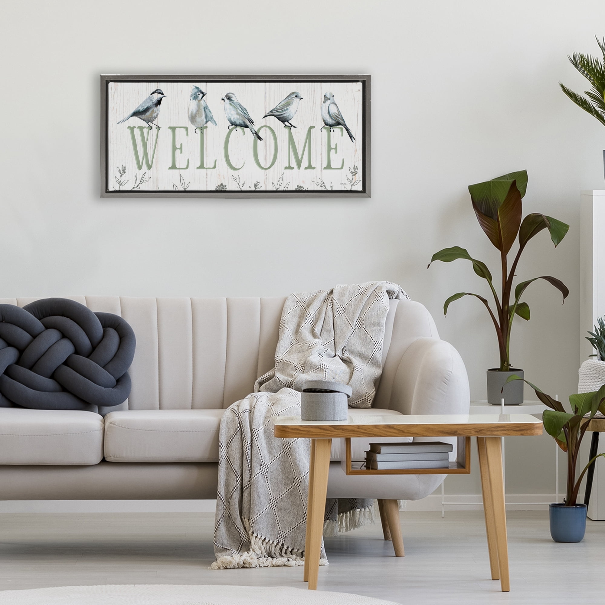 Stupell Industries Delicate Welcome Birds Gray Framed Floater Canvas Wall Art, design by Elizabeth Tyndall