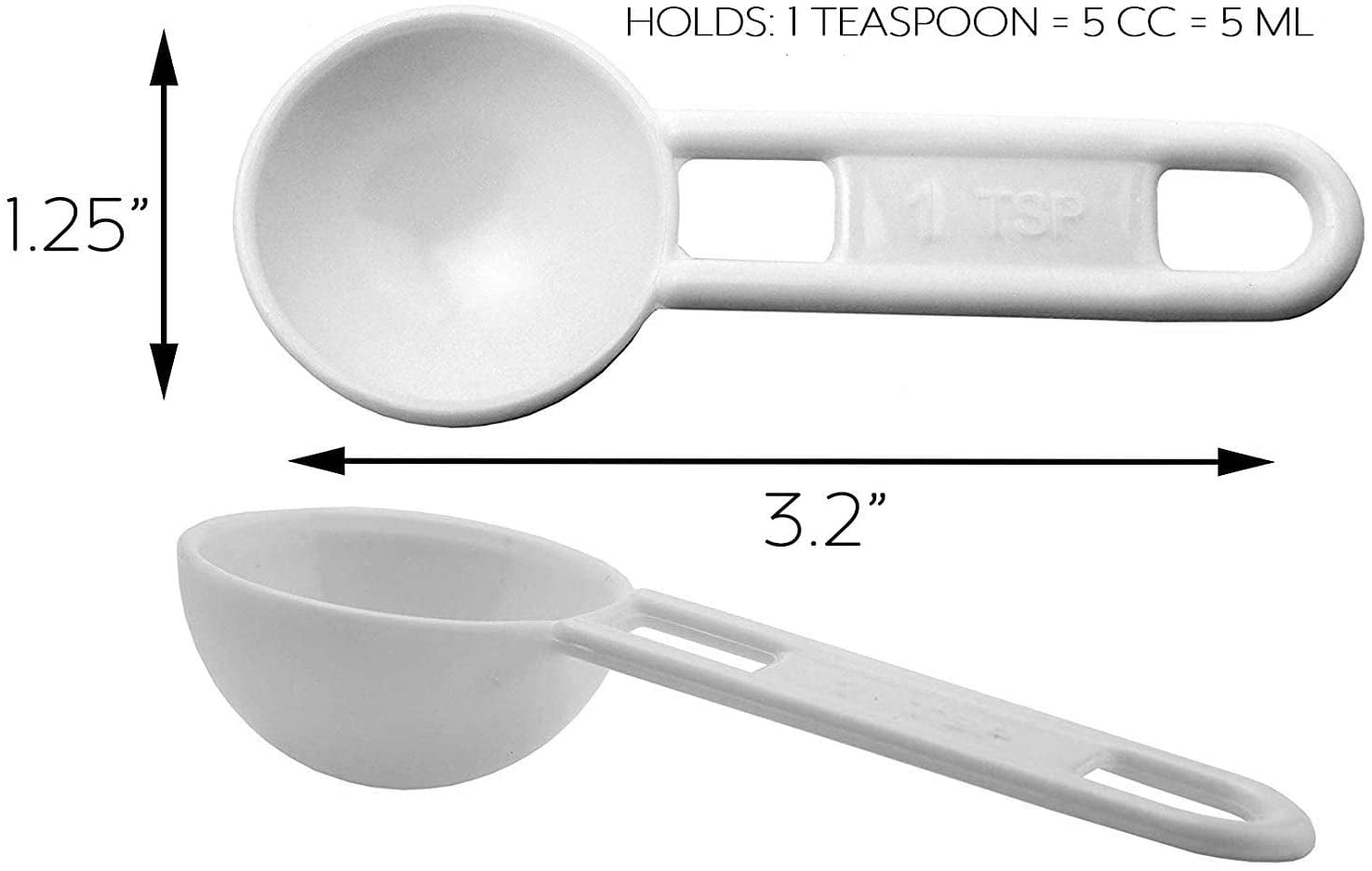 5 mL Plastic Measuring Packaging Scoop (= 5 cc/ = 1 teaspoon/ = 0.17 fl  oz), Short Handle - to Measure and Dispense Spices, Granules, Powders, for