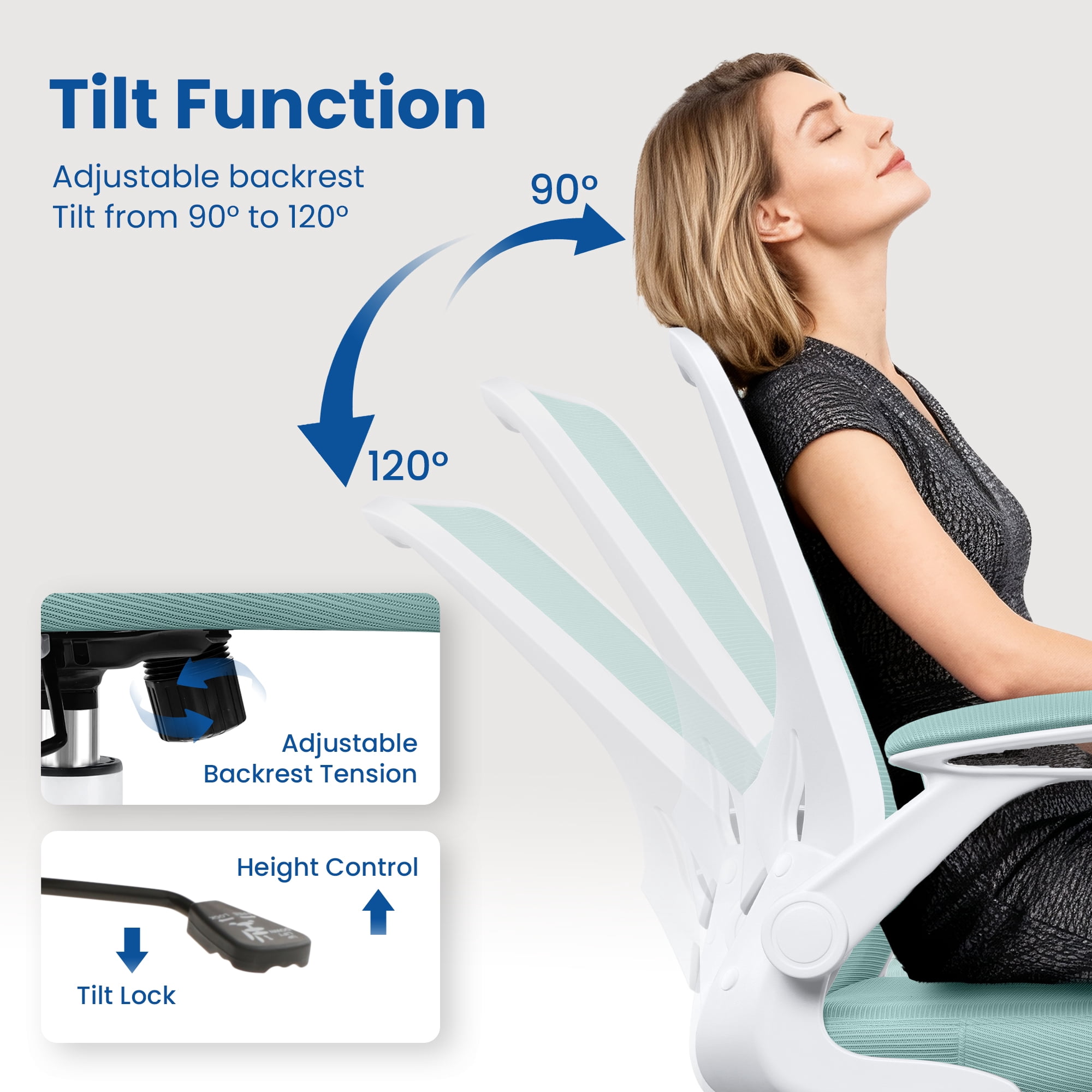COOLHUT Office Chair, Ergonomic Office Chair, Comfort Home Office Task Chair, Lumbar Support Computer Chair with Flip-up Arms and Adjustable Height, 350LBS, Light Blue