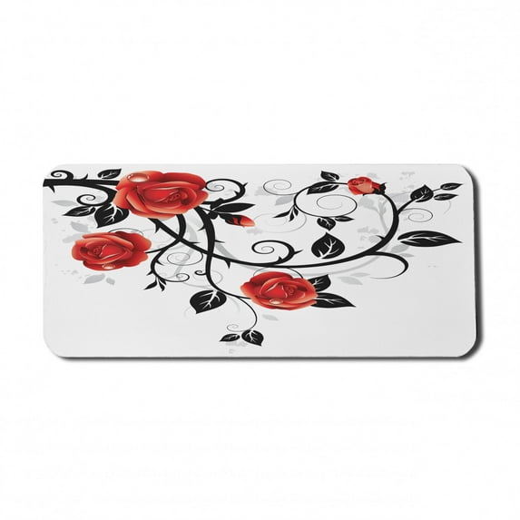 Gothic Computer Mouse Pad, Ornate Swirling Branches Roses Garden Flower Grunge Style European, Rectangle Non-Slip Rubber Mousepad X-Large, 35" x 15" Gaming Size, Vermilion Black White, by Ambesonne