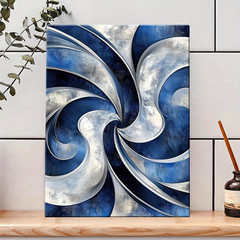 1 Item Abstract Swirls in Blue And Silver Canvas Poster with Wooden Frame - Modern Art Deco Style Wall Decor, Waterproof, Easy to Hang, Suitable for Living Room, Bedroom, Home Office - Unique Gift