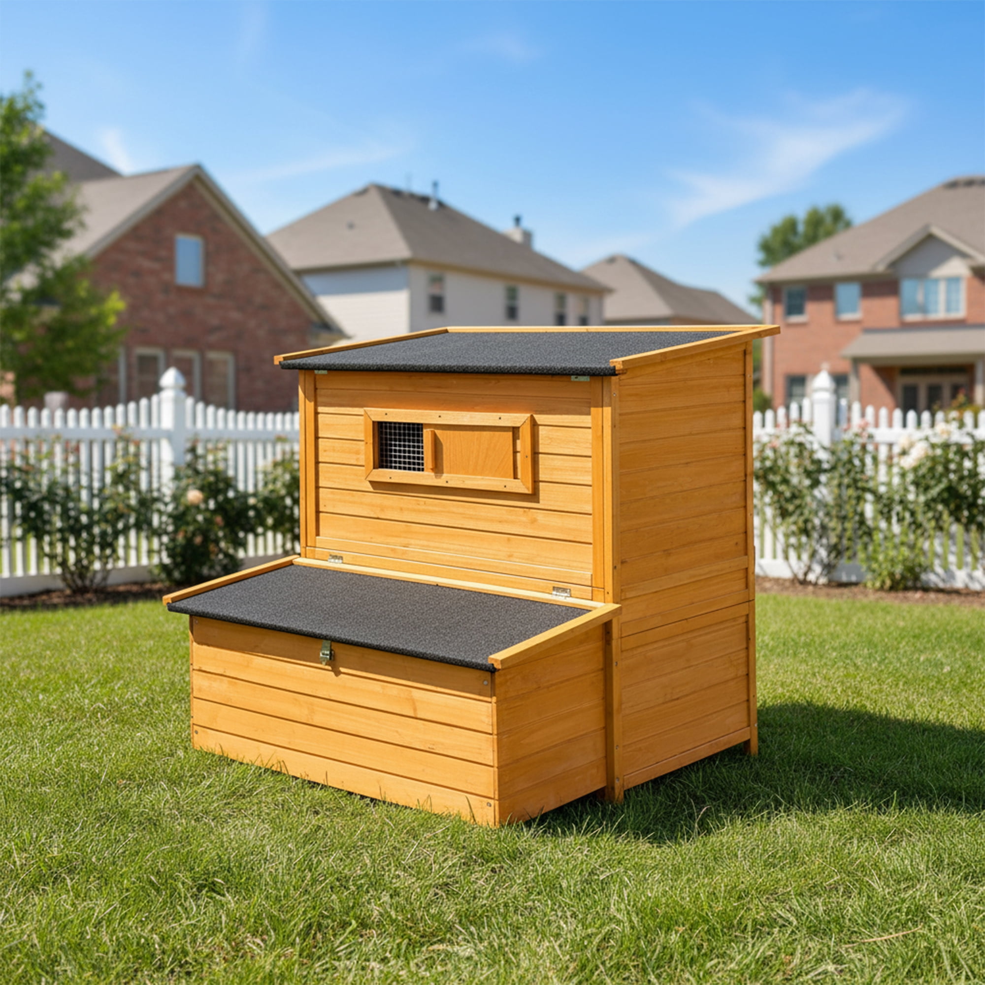 Chicken Coop, Double-House Wooden Chicken Coop For 6-8 Chickens With 3 Nesting Boxes And 2 Pull-Out Trays, Featuring A Foldable Ramp And Flip-Up Asphalt Roof