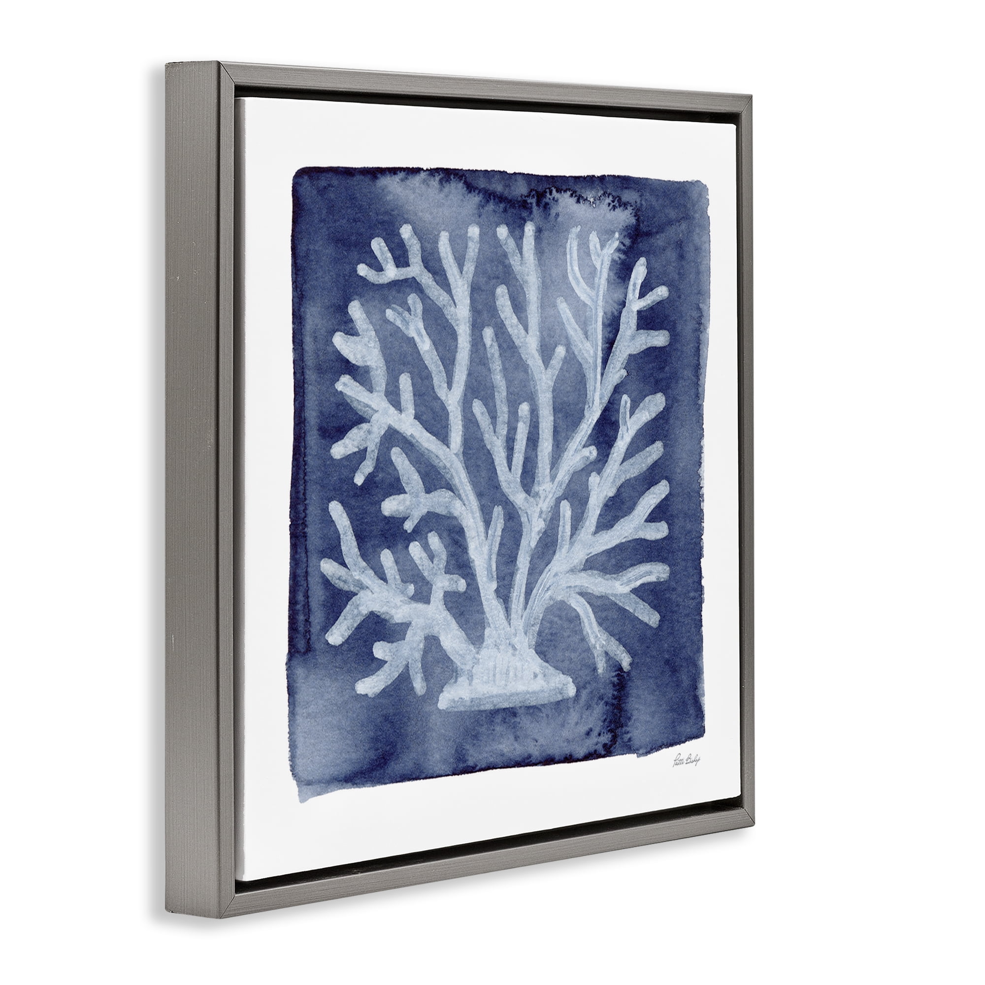Stupell Industries White Coral on Indigo Gray Framed Floater Canvas Wall Art, design by Patti Bishop