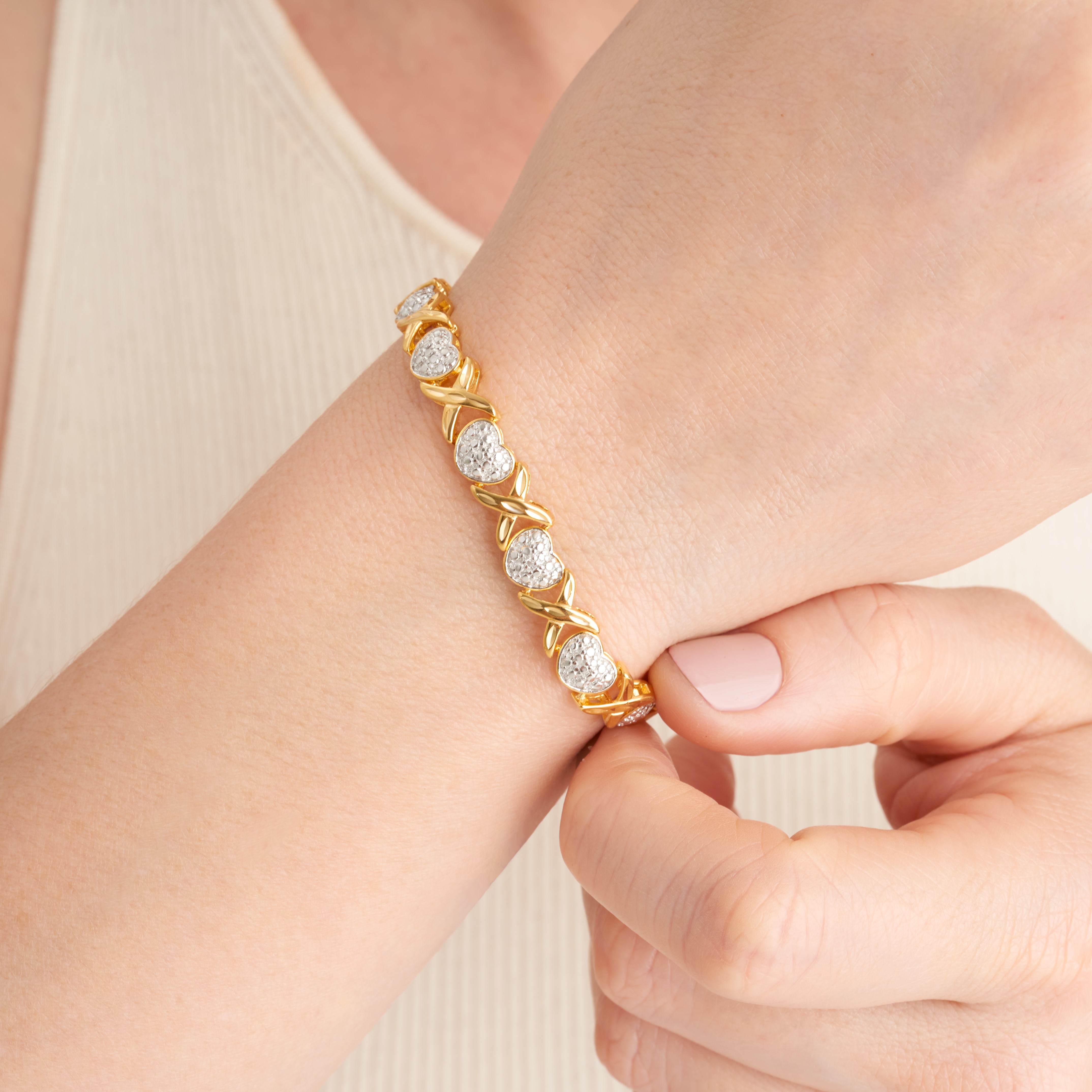 Forever Facets Diamond Accent Heart X&O Bracelet in 18k Yellow Gold over Sterling Silver , Adult Female