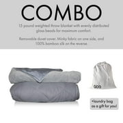 Go2 Weighted Blanket Heavy Throw 46 x 65 15lbs | Improve Rest and Comfort | Premium Cotton with Glass Beads | Combo Includes Bamboo Cover and Storage Bag (Grey, Combo)