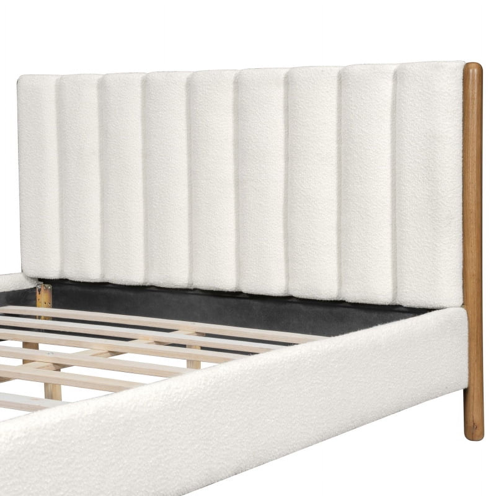 King Size Bed Frame with Boucle Upholstered Thick Headboard, Solid Wooden Legs, White