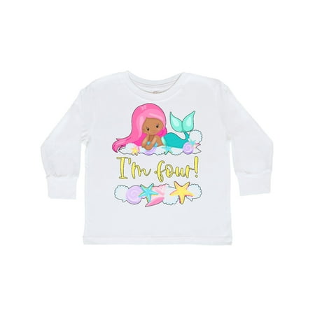 

Inktastic I m 4 Mermaid with Pink Hair and Shells Gift Toddler Boy or Toddler Girl Long Sleeve T-Shirt