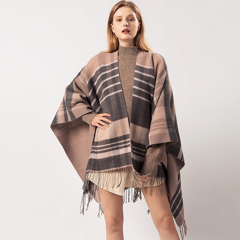 Boho Women Shawl Poncho Faux Cashmere Colorful Plaid Open Boho Women Shawl Poncho Faux Cashmere Colorful Plaid Open