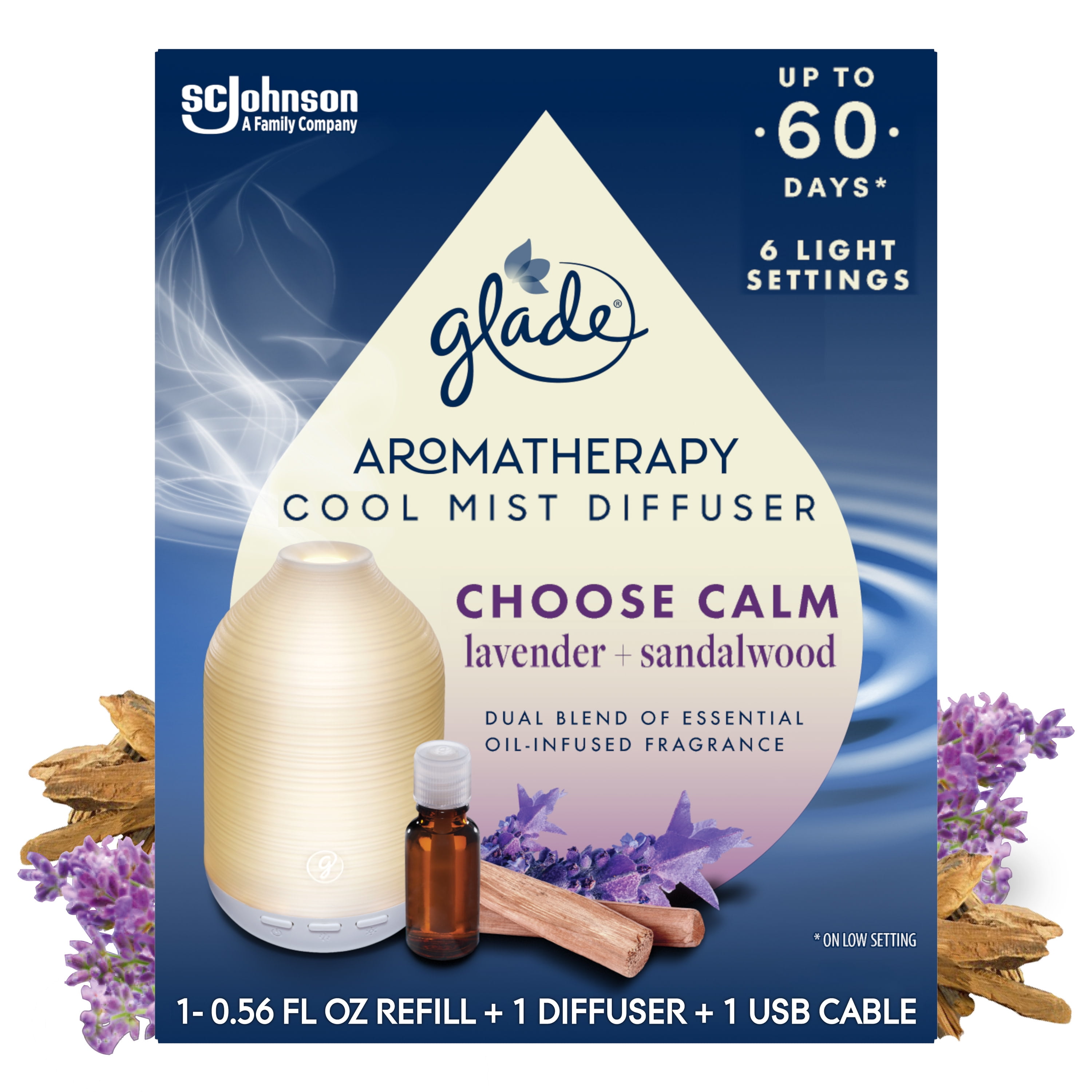 Glade Essential Oil Diffuser, Choose Calm Scentwith Notes of Lavender & Sandalwood, 0.56 oz (16.8 ml), Cool Mist Aromatherapy Diffuser & Air Freshener for Home