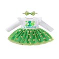 thumbnail image 1 of EIMELI Newborn Girl Long Sleeve Dress Clover Printed Gold Dot Pattern Mesh Patchwork Ruffles Decor Dress with Headband, 1 of 6