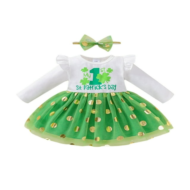 EIMELI Newborn Girl Long Sleeve Dress Clover Printed Gold Dot Pattern Mesh Patchwork Ruffles Decor Dress with Headband