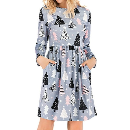Green And Red Christmas Dresses Women Printed Christmas Long Sleeves Crew Neck Ruching A-Line Dress ()