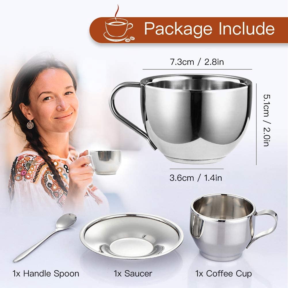 Jorunhe 125 mL/4.2 oz Silver Stainless Steel Double Walled Espresso Cup & Saucer Sets Set of 4